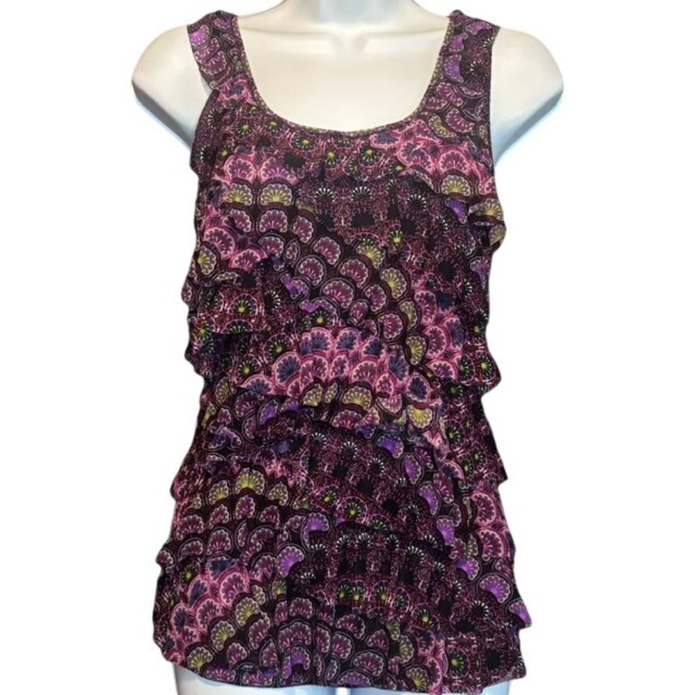 Express Womens Sleeveless Tiered Ruffle Blouse Purple Geometric Fan Print Large